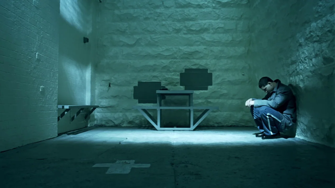 Chopper (2000) movie still: wide — A concrete room with textured block walls features a bolted-down metal table structure. A man sits alone in the…