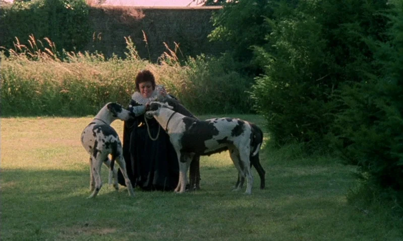Jubilee (1978) movie still: fullbody — An outdoor meadow features tall grasses, a stone wall, and dark evergreen bushes. A woman in a historical…