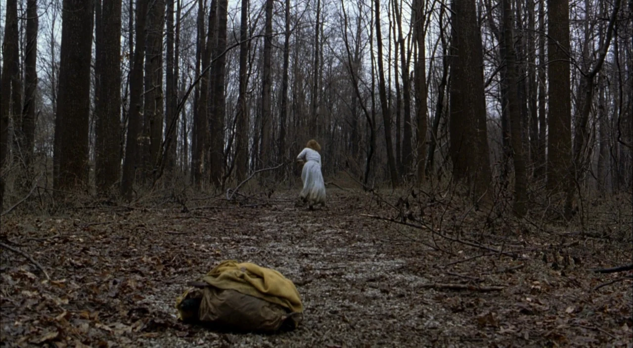 The Village (2004) movie still: wide — A dense forest of tall, thin, leafless trees under an overcast sky. A woman in a white dress runs away along…