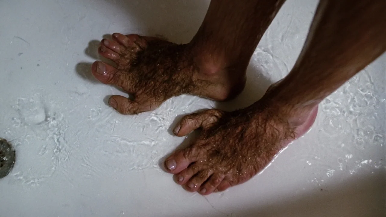 Altered States (1980) movie still: closeup — The interior of a white porcelain bathtub partially filled with clear water. A pair of hairy feet…