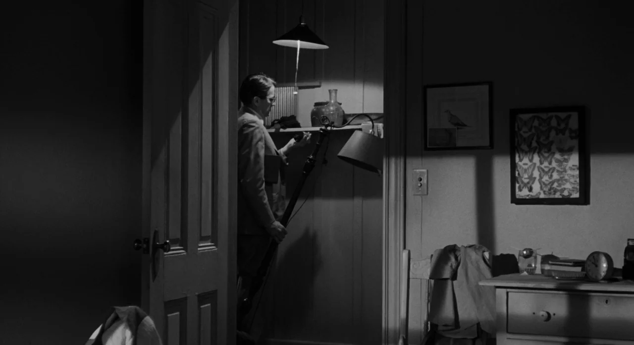 To Kill A Mockingbird (1962) movie still: medium — A dimly lit room features a doorway leading into a darker space with a shelf. A man stands in the…