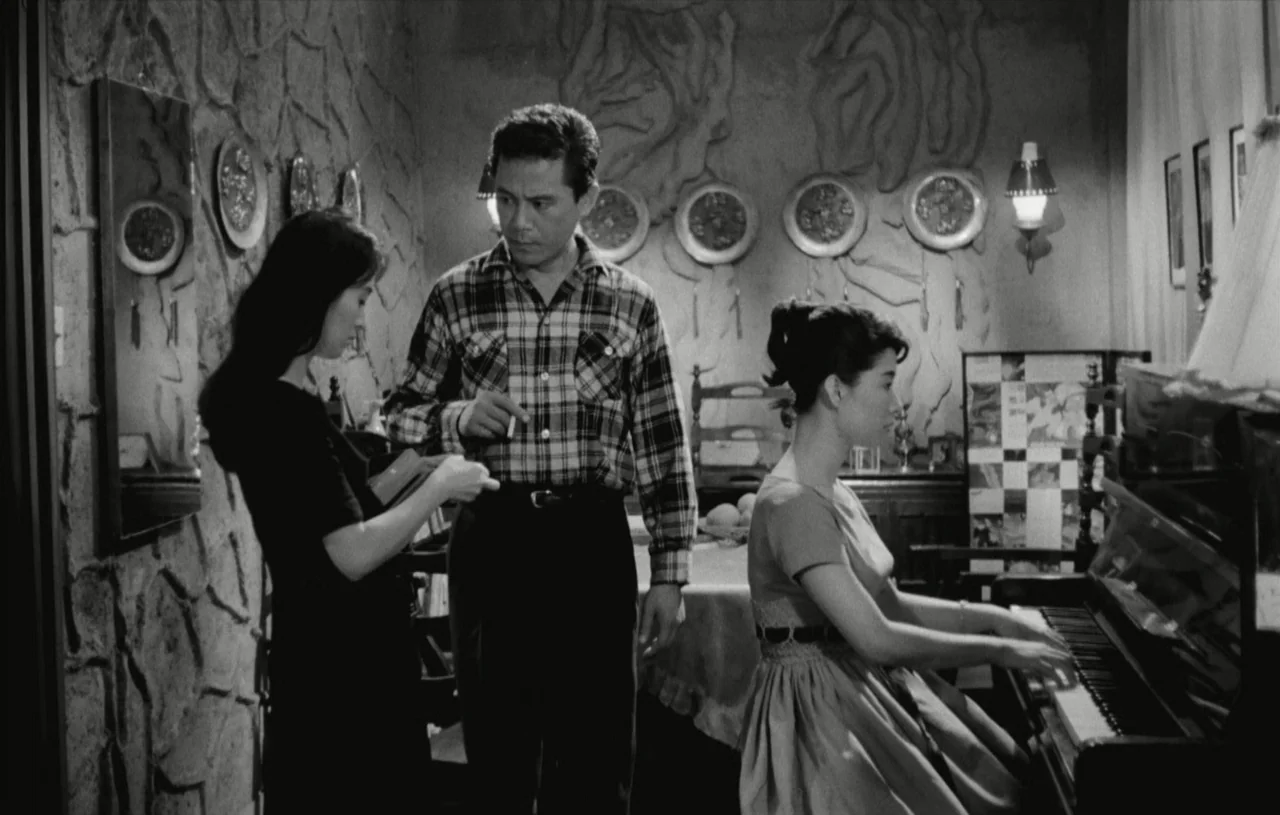 The Housemaid (1960) movie still: medium — A furnished interior space features textured stone walls adorned with circular decorative plates. A man…