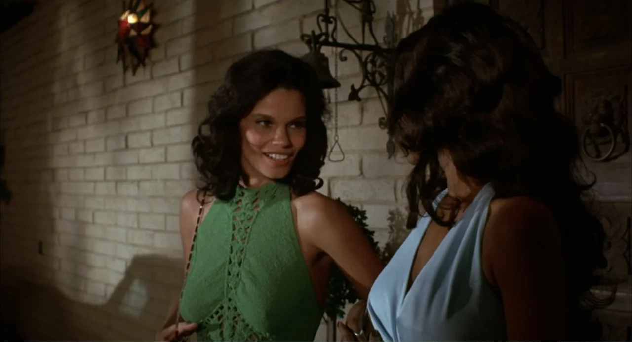 Foxy Brown (1974) movie still: medium — A dimly lit outdoor brick wall provides the backdrop for a social gathering. Two women in sleeveless tops…