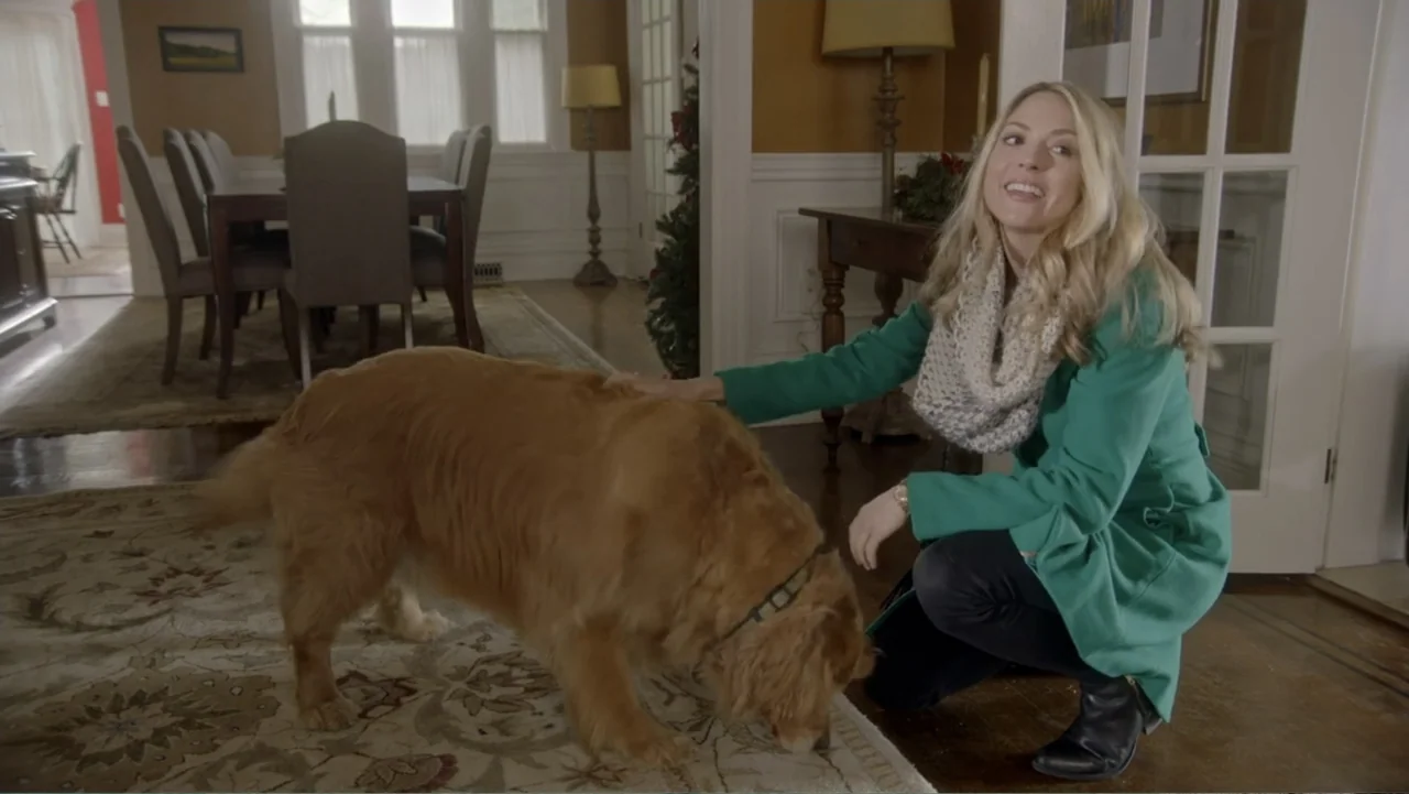 The Christmas Cure (2017) movie still: medium — A spacious home interior features a carpeted floor with a dining set in the distance. A woman in a…