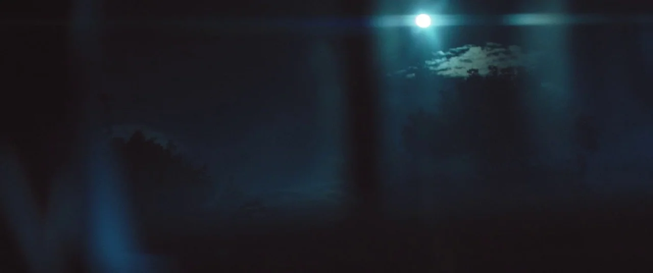 The Strange Ones (2017) movie still: establishing — A dark, open field is silhouetted against a night sky with a bright moon. Dense, deep shadows…