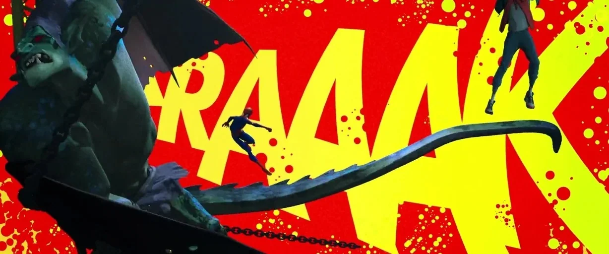 Spider-Man: Into the Spider-Verse (2018) movie still: wide — A stylized comic-book action sequence features a giant green creature battling two…