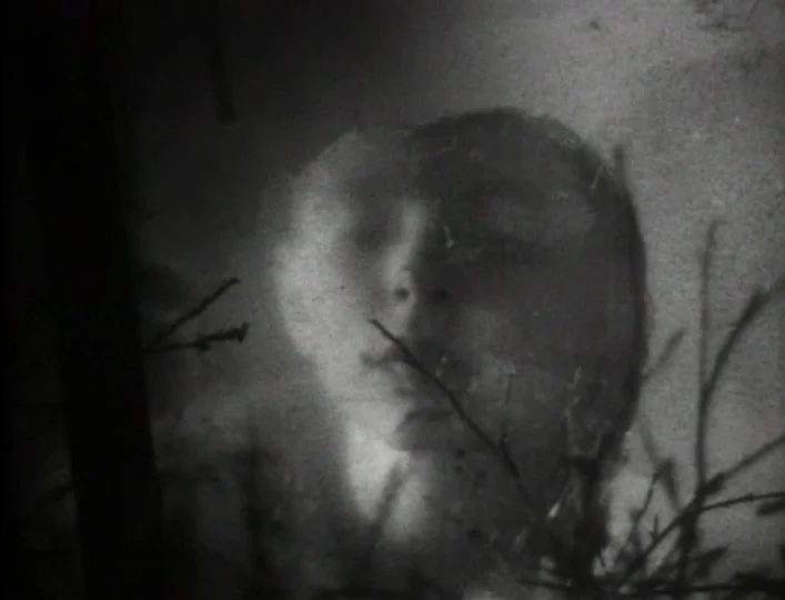 Archangel (1990) movie still: closeup — A ghostly superimposition of a young woman's face appears over dense forest undergrowth. The translucent…