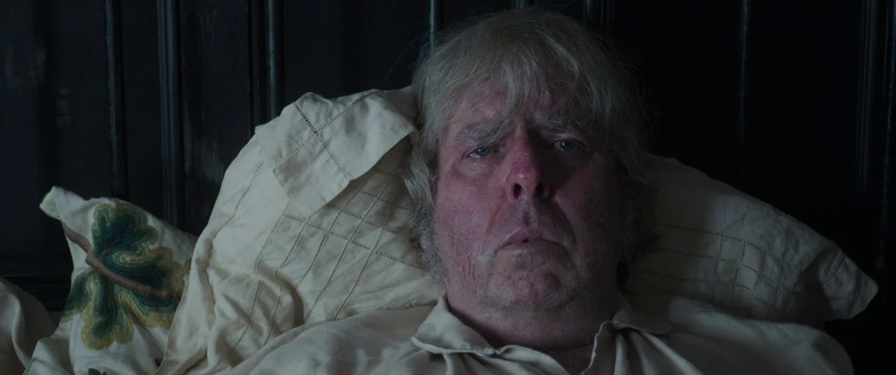 Mr. Turner (2014) movie still: closeup — An elderly man lies in a dark room with a dark wooden headboard. He is resting his head on a cream-colored…
