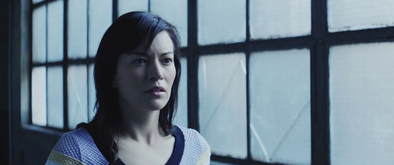 Domain (2017) movie still: medium — A woman stands before a large, grid-patterned window with several cracked glass panes. She gazes off-frame…