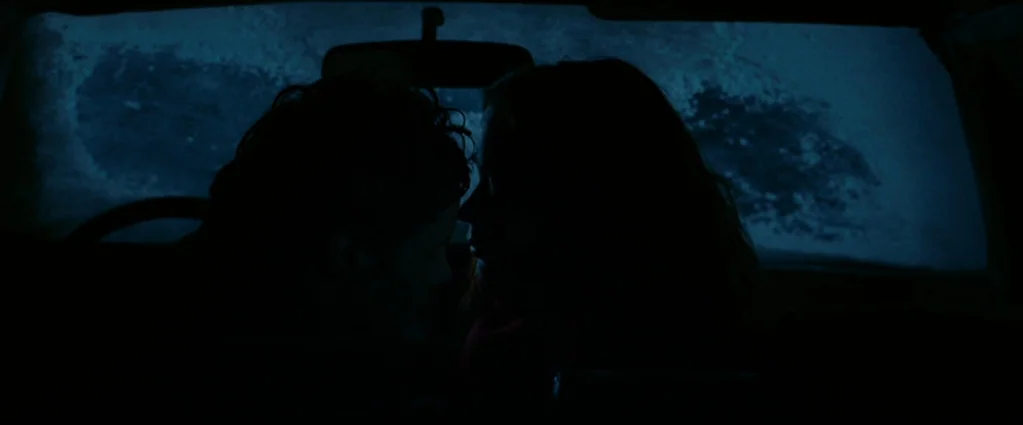 Wind Chill (2007) movie still: medium — Two individuals sit inside a dark vehicle at night with a frost-covered windshield. The pair faces each…