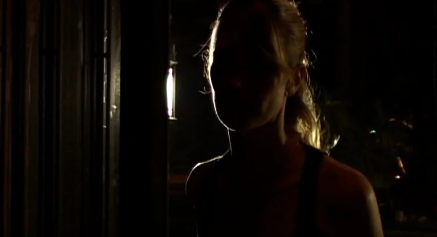 Inland Empire (2006) movie still: medium — A dark night exterior area with a backlit human silhouette. A single illuminated lamp fixture shines…