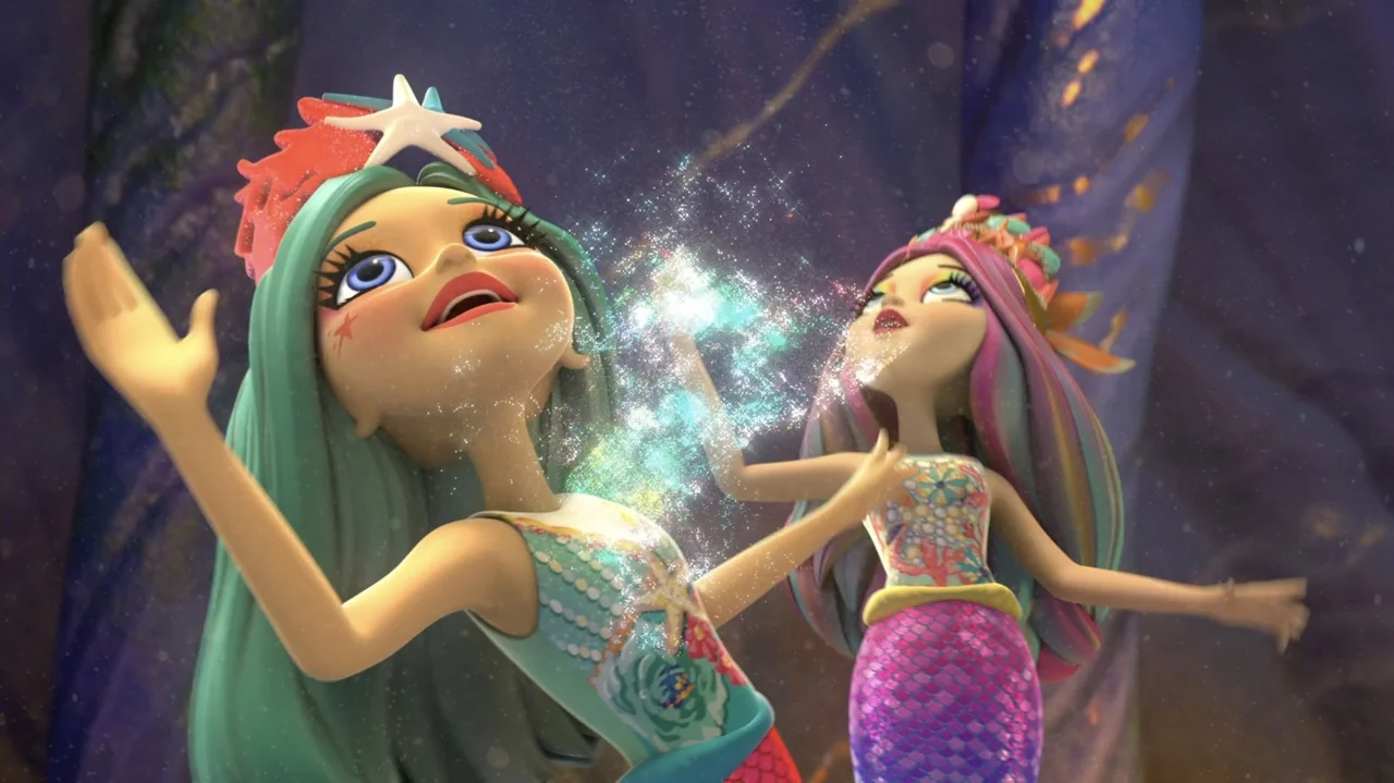 Enchantimals - Ocean Kingdom (2023) movie still: medium — An underwater space features colorful rocky formations and floating glowing magical…
