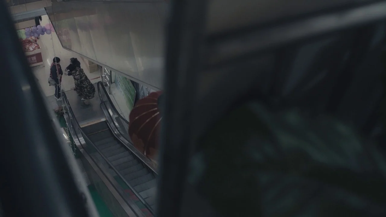 An Elephant Sitting Still (2018) movie still: wide — A high-angle view looking down into a commercial building with escalators. Two men are waiting…