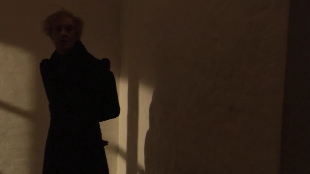 Russian Ark (2002) movie still: medium — An elderly man stands in a dimly lit corner of a plain, unadorned passage. The person is dressed in dark…