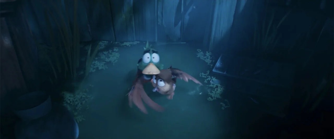 Migration (2023) movie still: medium — A murky dark water surface covered with scattered green duckweed at night. A cartoon duck and a small owl…