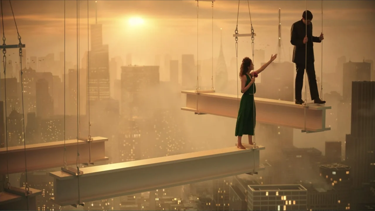 Megalopolis (2024) movie still: wide — High above a hazy city, two people stand on suspended steel I-beams at sunset. The woman reaches toward the…