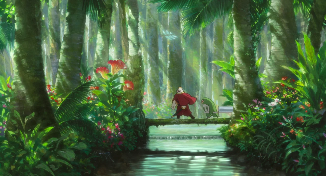 The Boy and The Heron (2023) movie still: wide — A dense tropical rainforest features a stream running beneath a narrow log bridge. Two stylized…