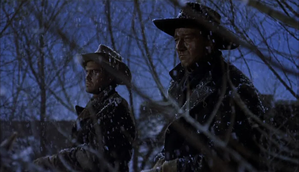 The Searchers movie still: medium — Two men stand amidst a grove of bare trees during a light snowfall. The setting is a cold, dark, and dimly lit…