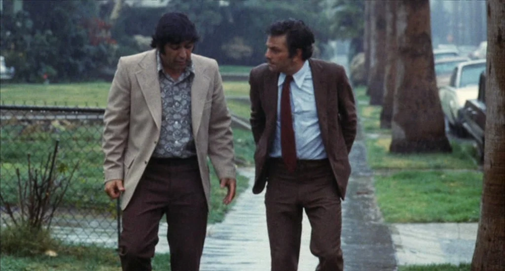 A Woman Under the Influence (1974) movie still: fullbody — A suburban sidewalk lined with tall palm trees and a grassy residential lawn. Two men…
