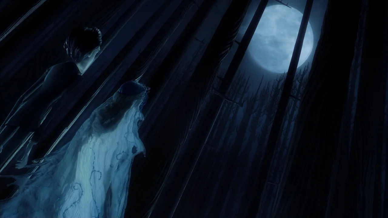 The Corpse Bride (2005) movie still: medium — A dark grove filled with tall thin trees under a large full moon. A man in a dark suit stands beside a…