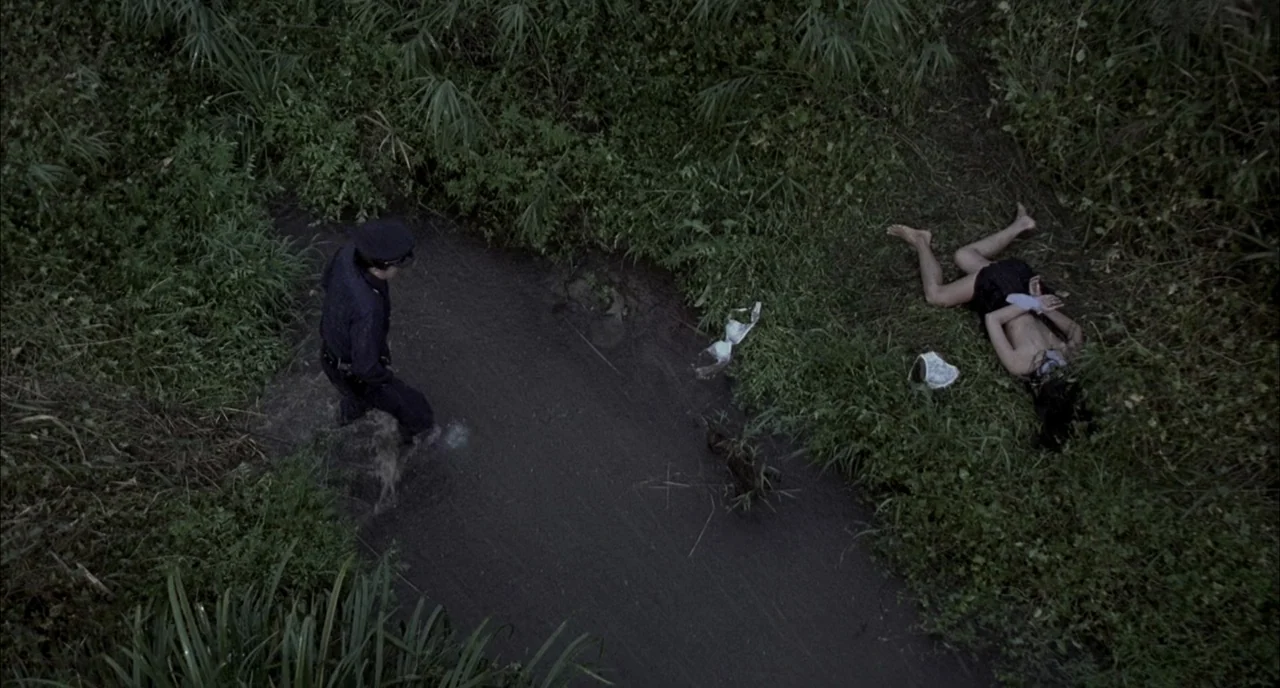 Memories of Murder (2003) movie still: wide — A muddy creek runs through dense green vegetation and tall grass. A police officer stands in the water…