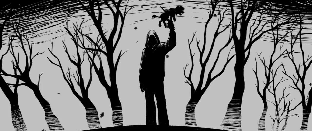 Under The Silver Lake (2018) movie still: fullbody — A stark black and white drawing shows leafless trees against a solid gray sky. A hooded figure…