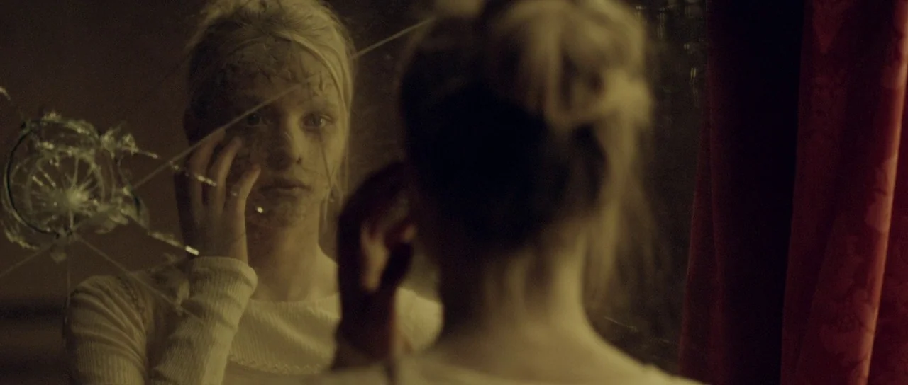 Livid (2011) movie still: medium — A dimly lit room features a woman looking into a cracked, reflective surface. The subject reaches toward her own…