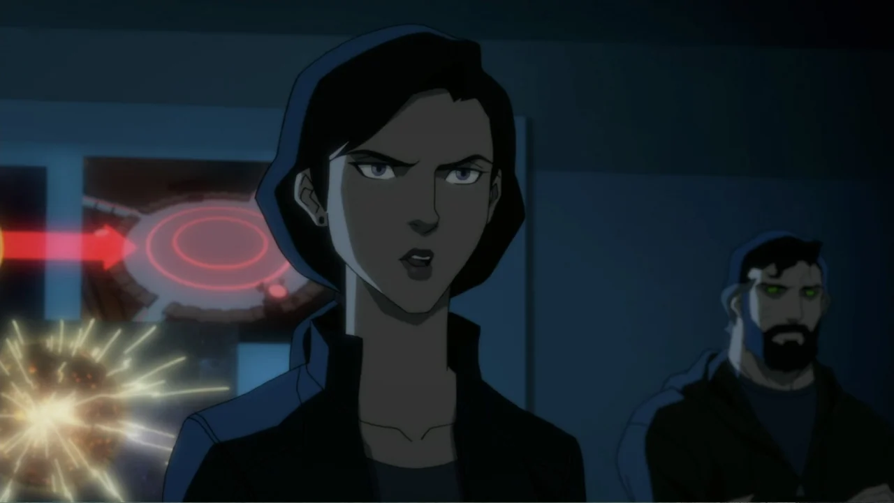 Justice League Dark: Apokolips War (2020) movie still: medium — A dimly lit interior space features monitors displaying graphic patterns and glowing…