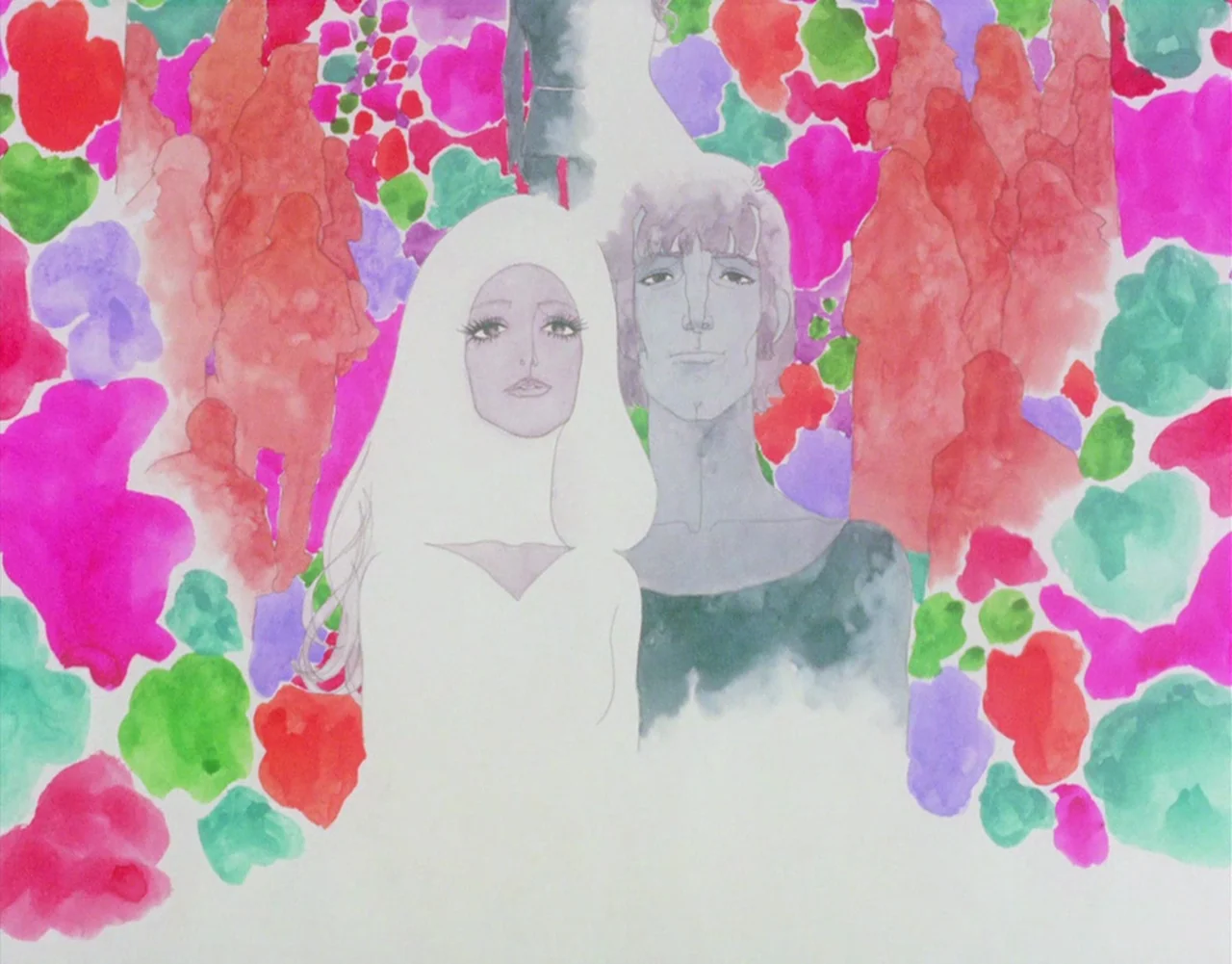 Belladonna of Sadness (1973) movie still: medium — A flat watercolor painting features two stylized figures centered against a field of color blots.…