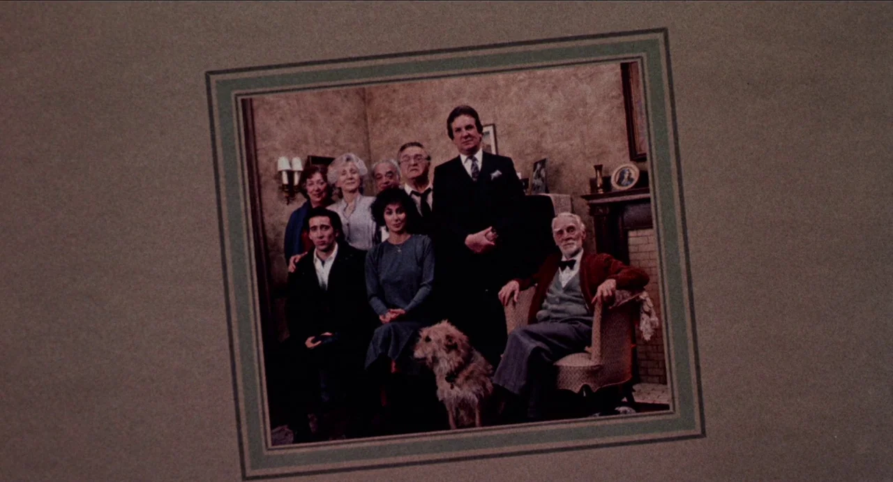 Moonstruck (1987) movie still: medium — A family group stands in a domestic interior for a formal portrait photograph. The group is arranged in…