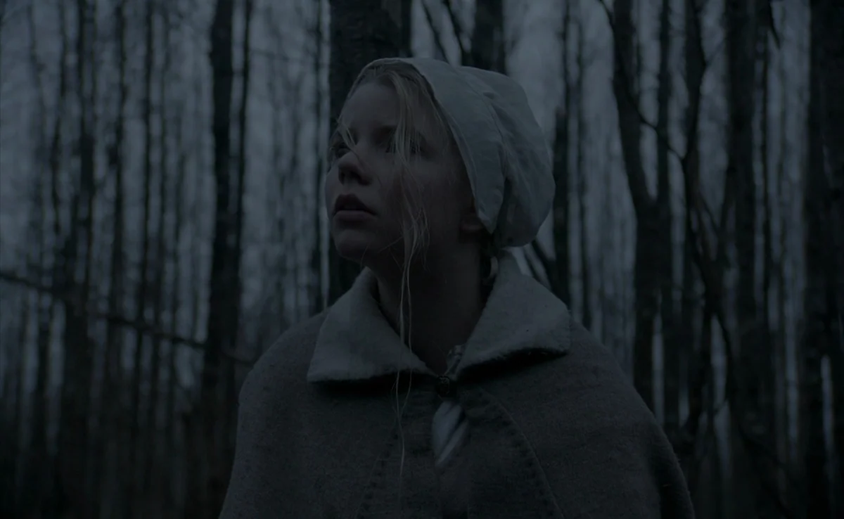The Witch (2015) movie still: medium — A dense, leafless forest under overcast grey skies surrounds the subject. A young woman stands amidst the…