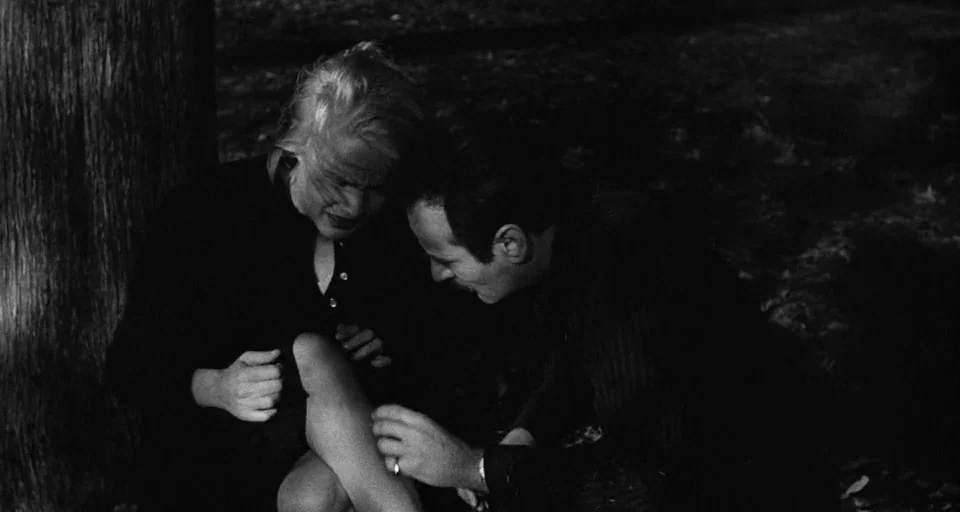 Baby Doll (1956) movie still: medium — A dark outdoor space with a tree trunk visible in the foreground left. A man crouches to touch the leg of a…