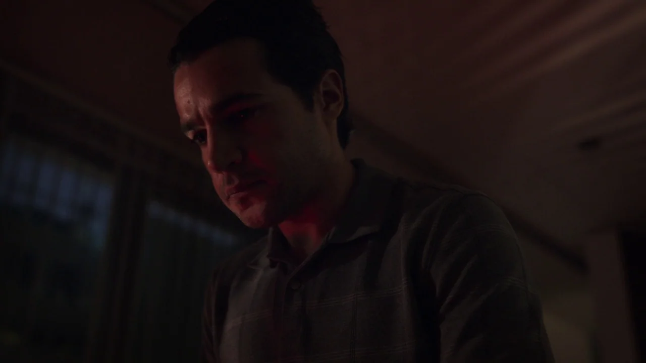 Piercing (2018) movie still: medium — A dark, dimly lit room is illuminated only by a low-positioned red light source. A man in a dark polo shirt…