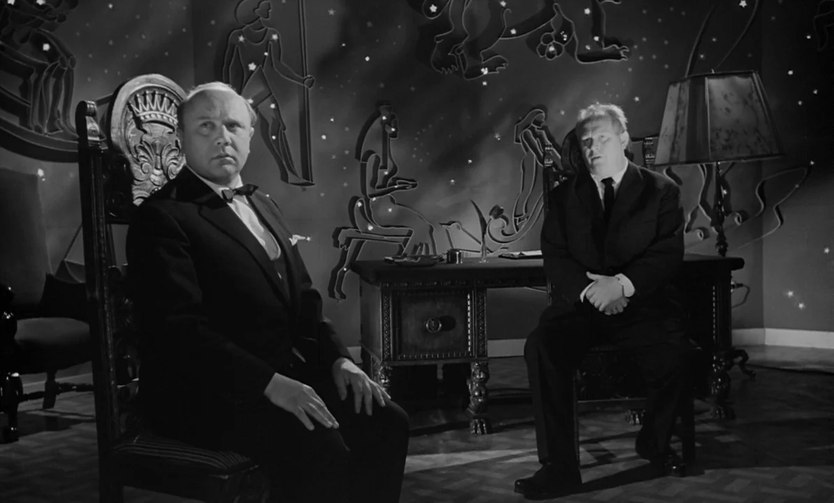 The 1,000 Eyes of Dr. Mabuse (1960) movie still: fullbody — An interior space features walls decorated with elaborate, glowing zodiac constellations…