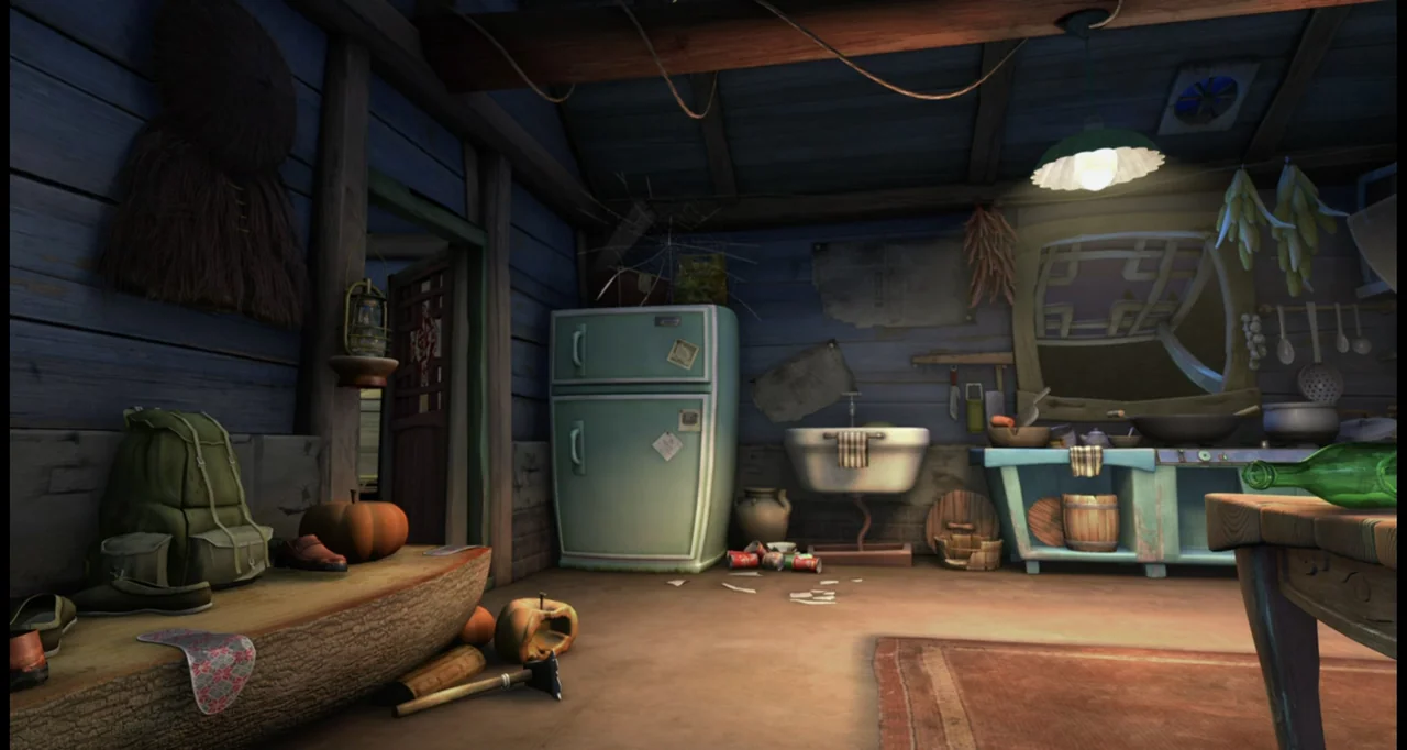 Boonie Bears: To the Rescue (2014) movie still: establishing — A rustic cabin interior features wood-paneled walls, a vintage refrigerator, and a…