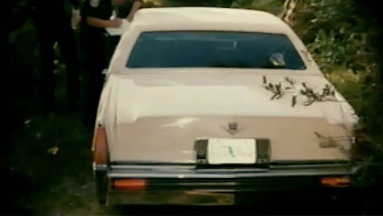 Aileen Wuornos : Mind of a Monster (2020) movie still: medium — A vintage 1980s Cadillac sits parked on a dirt shoulder surrounded by dense foliage.…
