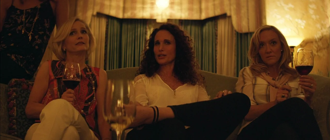 Magic Mike XXL (2015) movie still: medium — Three women sit on a sofa in a warmly lit, traditionally furnished living room. They hold glasses of red…