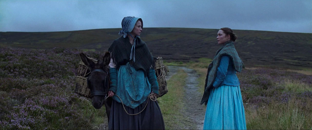 The Wonder (2022) movie still: fullbody — An overcast moorland trail with purple heather bushes stretching toward a distant rolling hill. Two…