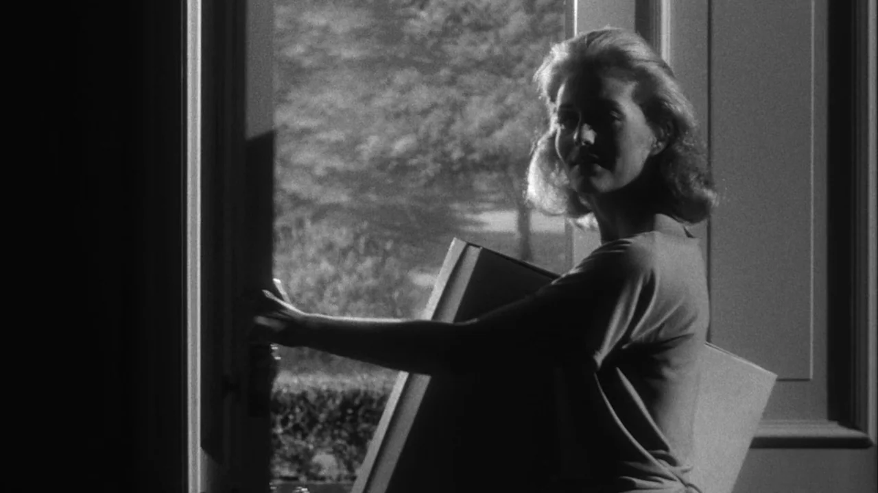 The Naked Kiss (1964) movie still: medium — A woman stands in a doorway holding a large flat cardboard package. She faces the camera while opening…