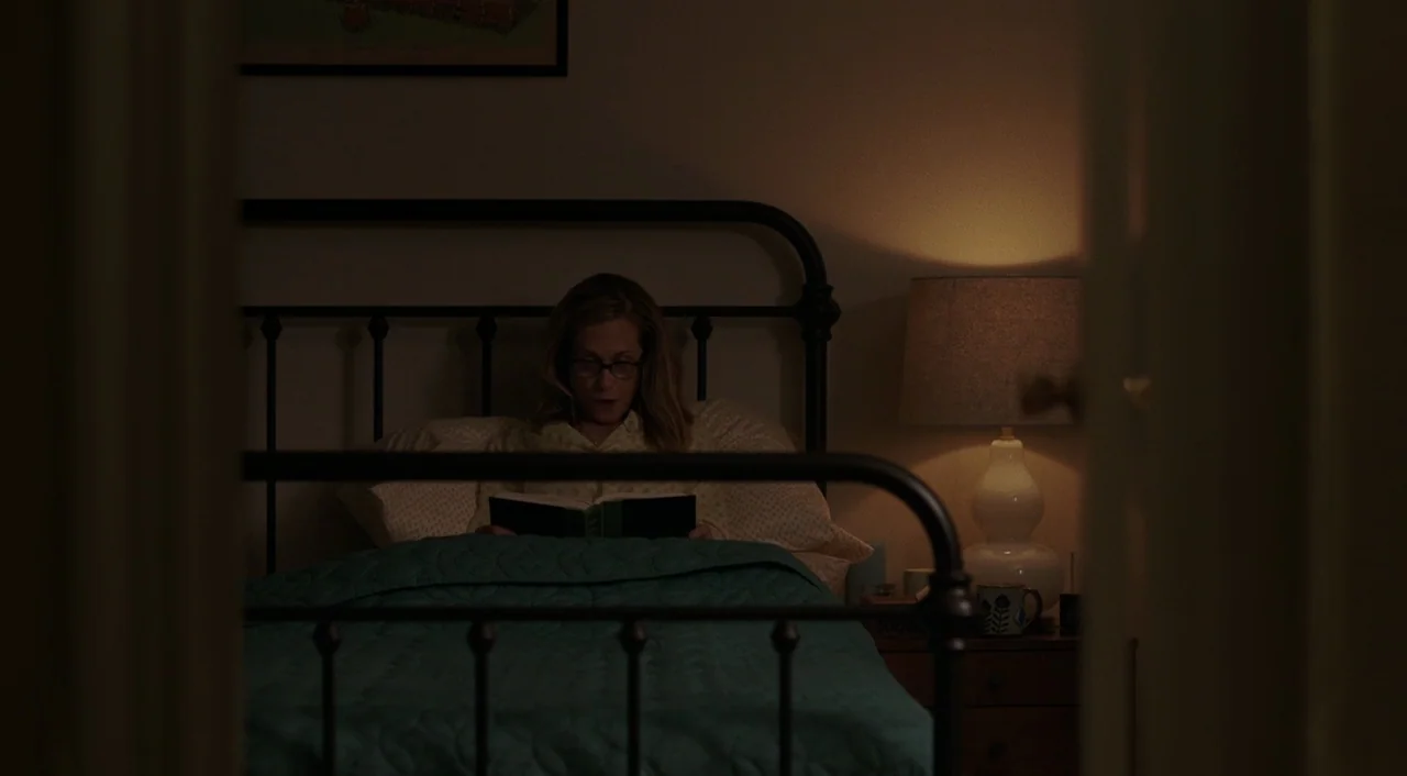 The Big Sick (2017) movie still: medium — A woman sits in a bed with a dark metal frame at night. She is reading a book under the glow of a bedside…