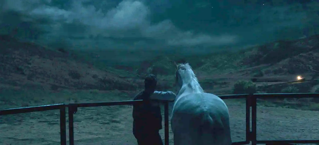 Nope (2022) movie still: wide — A rural landscape at night features a dark, hilly terrain under a cloudy sky. A person leans on a metal fence…
