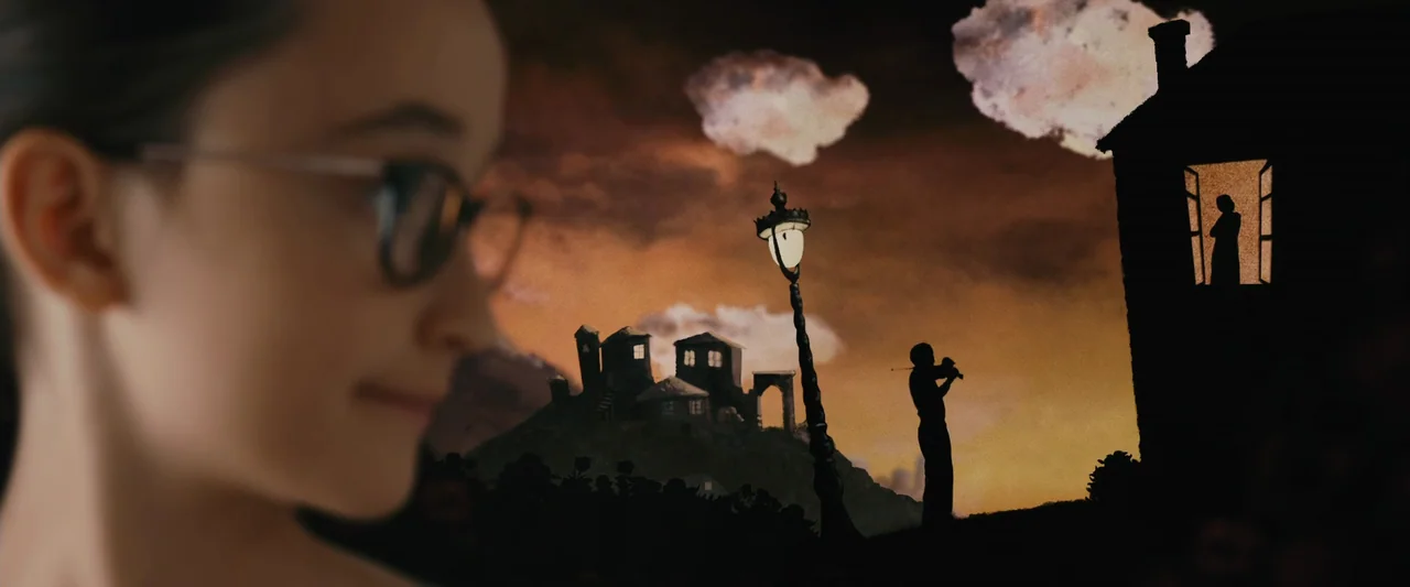 Chicken With Plums (2011) movie still: medium — A girl in the foreground observes a projection of a theatrical shadow puppet play. The projected…