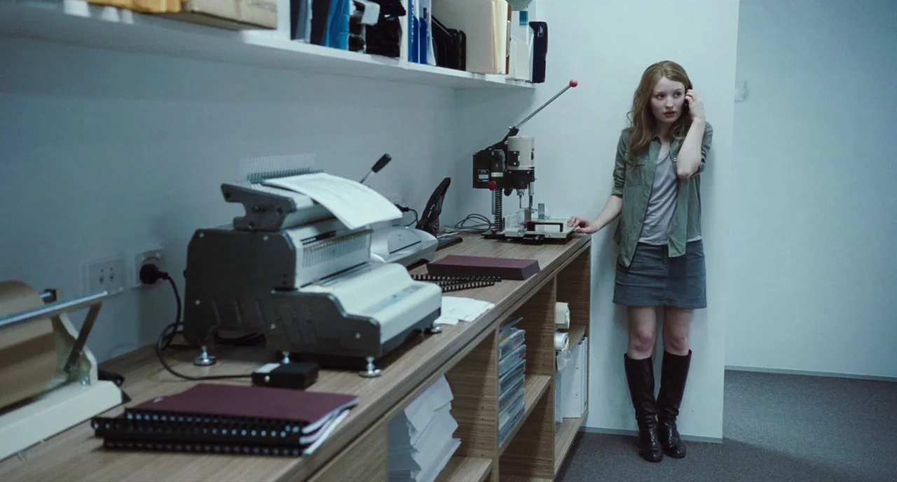 Sleeping Beauty (2011) movie still: fullbody — A sterile office workroom features white walls, open shelving, and a large document binding machine.…