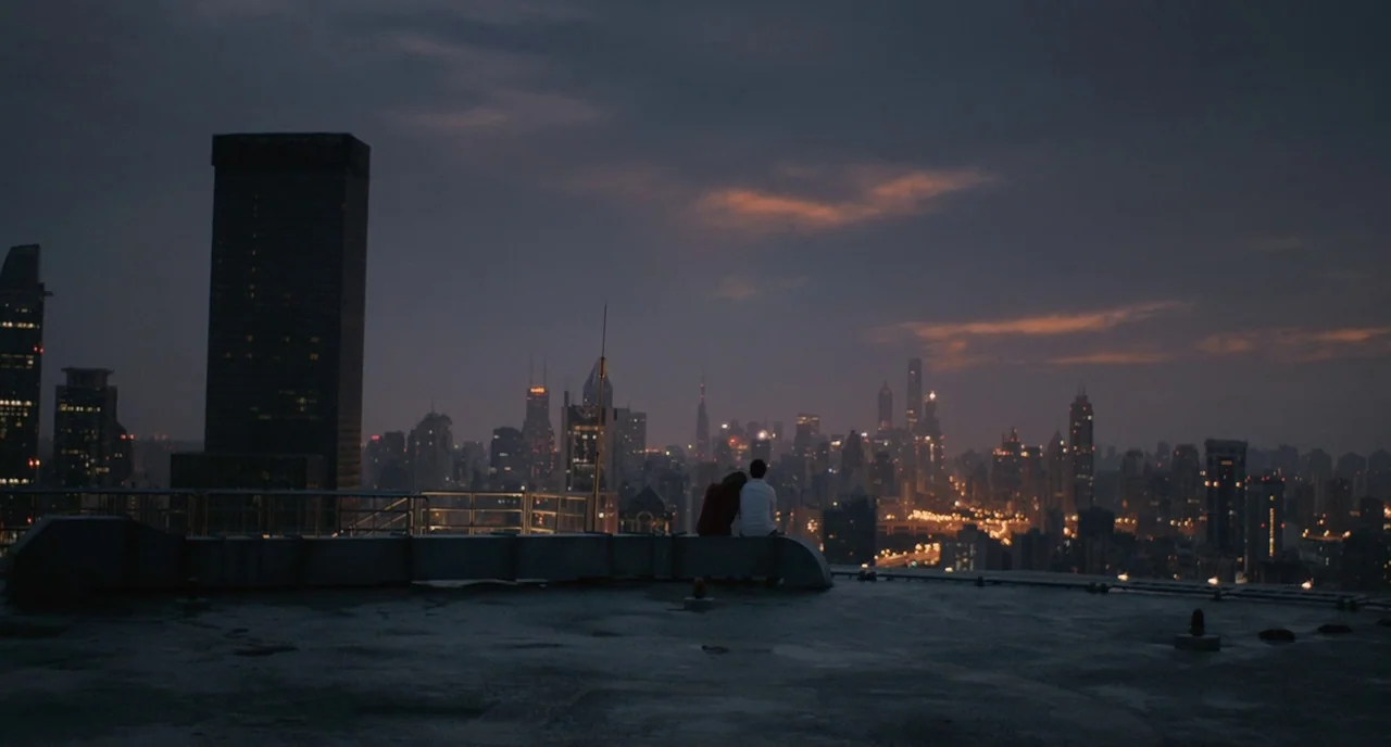 Her (2013) movie still: wide — A dark, expansive rooftop overlooking a vast urban skyline at dusk. A couple sits on the edge of the roof observing…