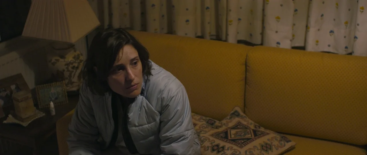 Alps (2011) movie still: medium — A dimly lit room features a yellow patterned sofa and curtains with floral details. A woman in a blue jacket sits…