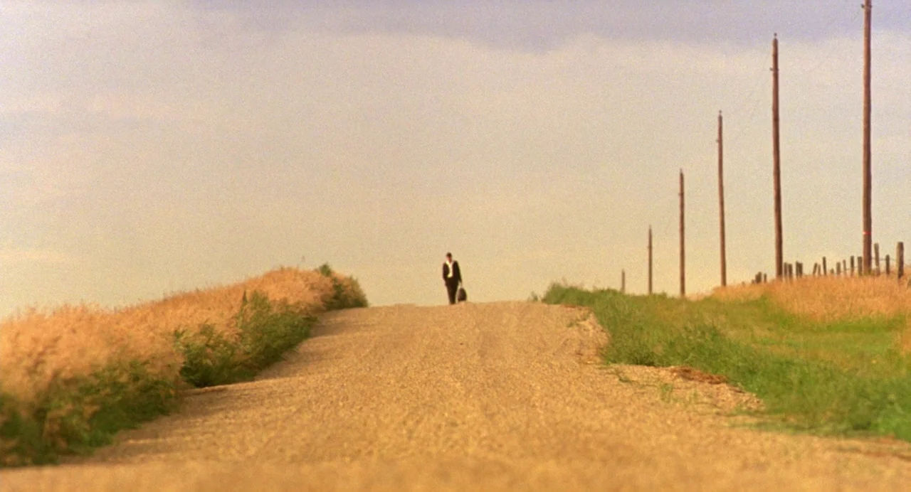 The Reflecting Skin (1990) movie still: wide — A gravel road stretches into the distance, flanked by tall, golden grass and utility poles. A lone…