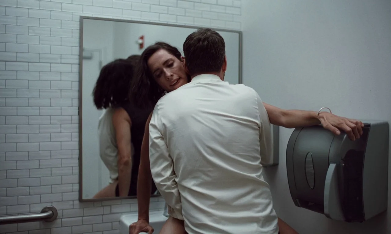 Resurrection (2022) movie still: medium — A sterile public restroom features white subway tiles and a large square mirror. A man and a woman embrace…