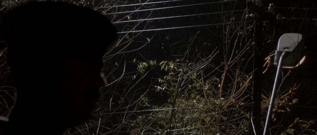 A Mighty Heart (2007) movie still: medium — A night scene shows a silhouette of a person standing outdoors near power lines. Bare tree branches and…