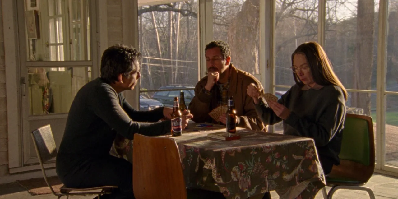 The Meyerowitz Stories (New and Selected) (2017) movie still: medium — A screened-in porch with metal-framed windows looking out onto a wooded area.…