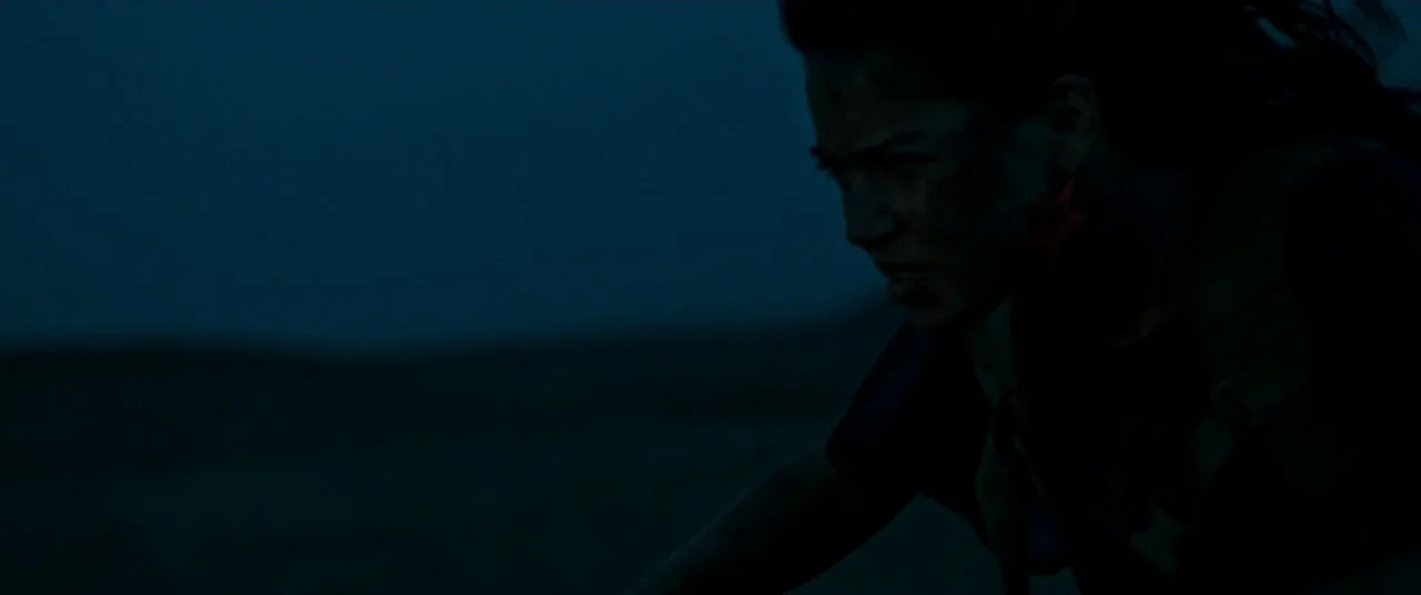 Revenge (2017) movie still: closeup — A dark, low-light exterior scene in a vast, open wilderness at night. A young woman with a dirt-streaked face…